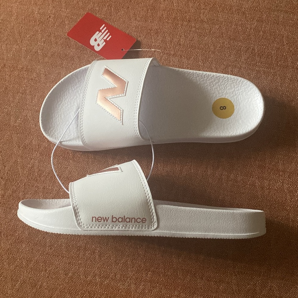 New Balance white & rose Slide Sandals.